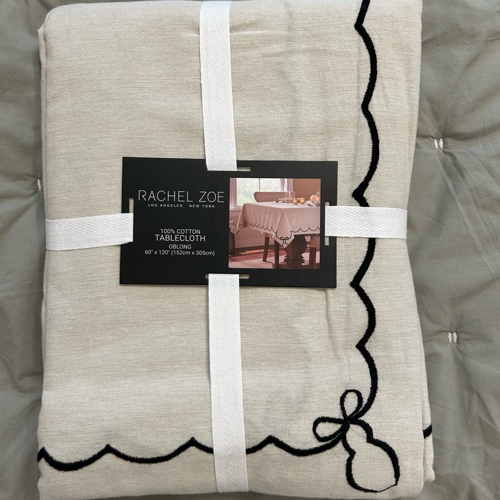 Rachel Zoe Cream Tablecloth with Black scallop trim and adorable bows
